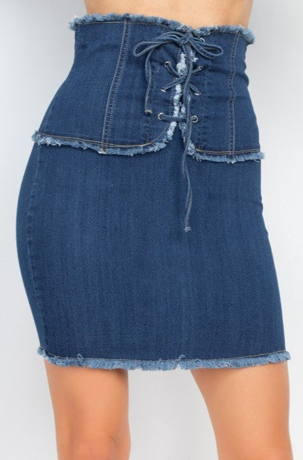 Corset Frayed Denim Mini Skirt Stretch