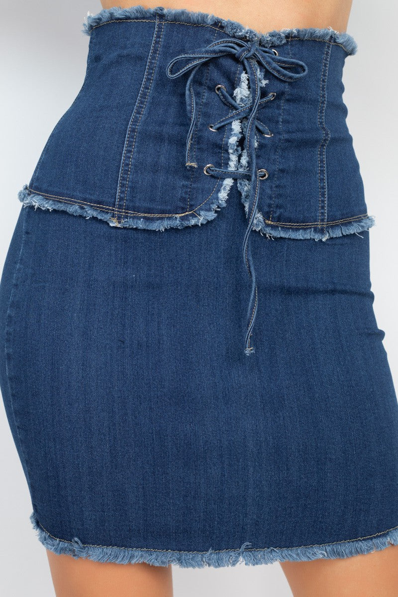 Corset Frayed Denim Mini Skirt Stretch