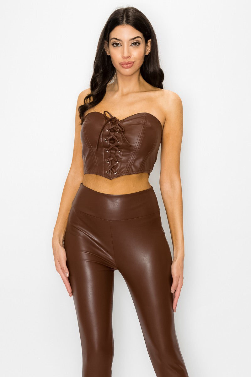 Leather Laced Up Corset + Legging Set