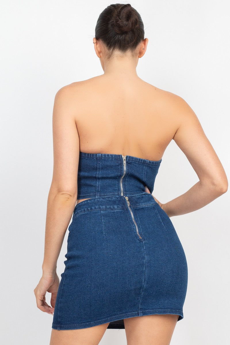 Zippered Tube Denim Top & Cut-Out Skirt Set