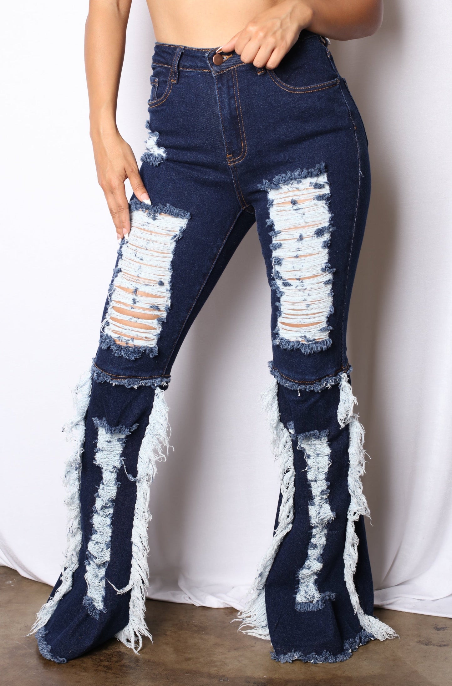 Patched Color Block Distressed Bell Bottom Jeans