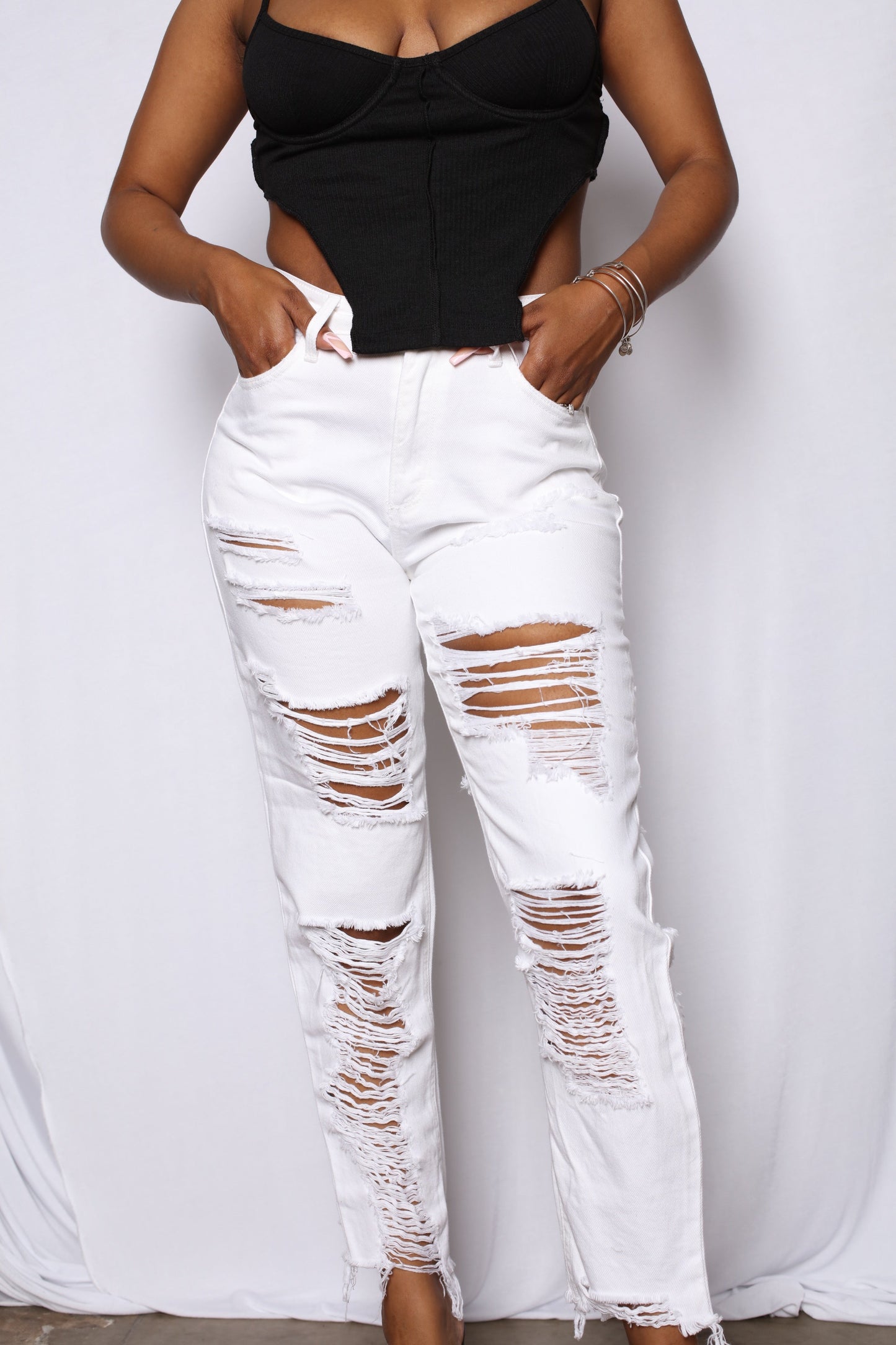 White Shredded Boyfriend Hi Rise Jeans