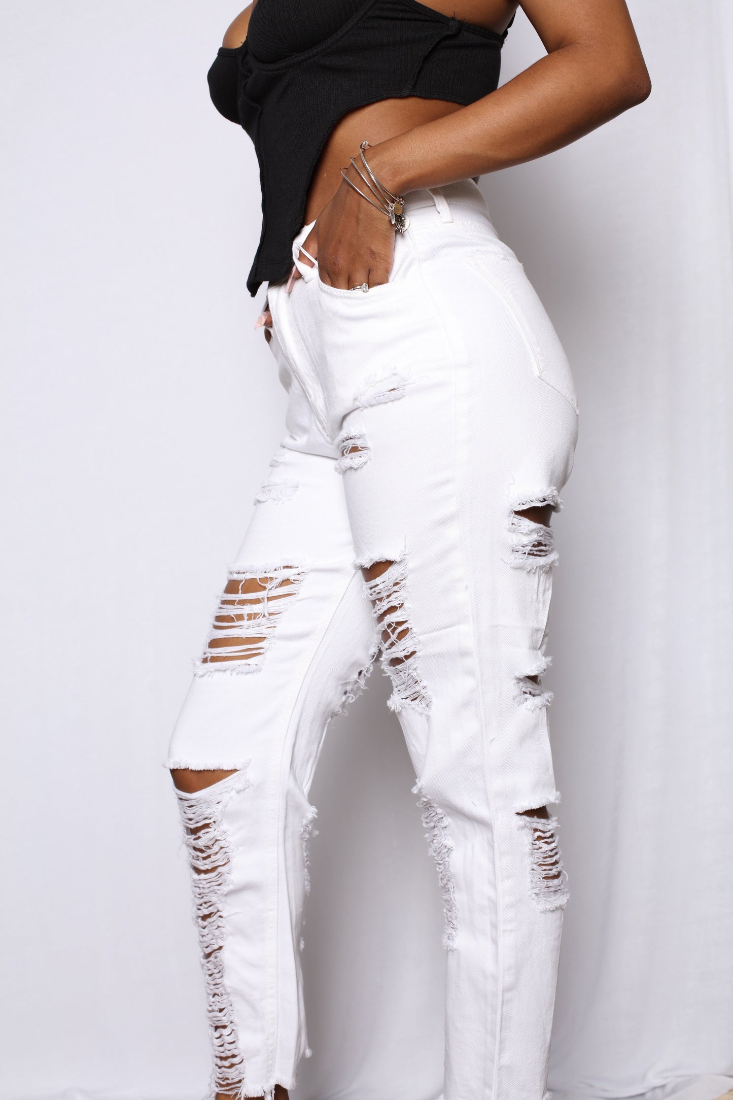 White Shredded Boyfriend Hi Rise Jeans