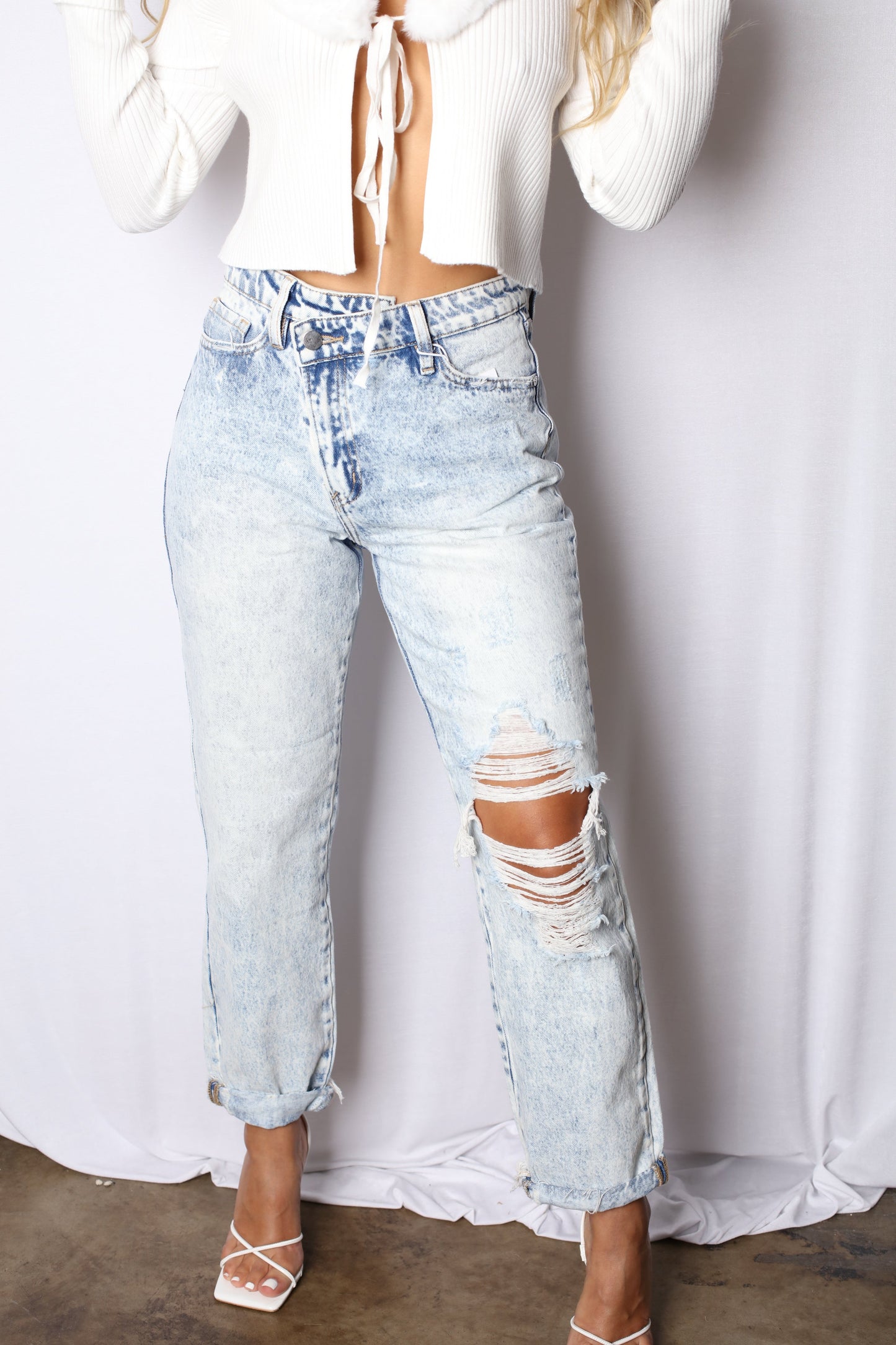 Acid Wash Off Button Boyfriend Jeans