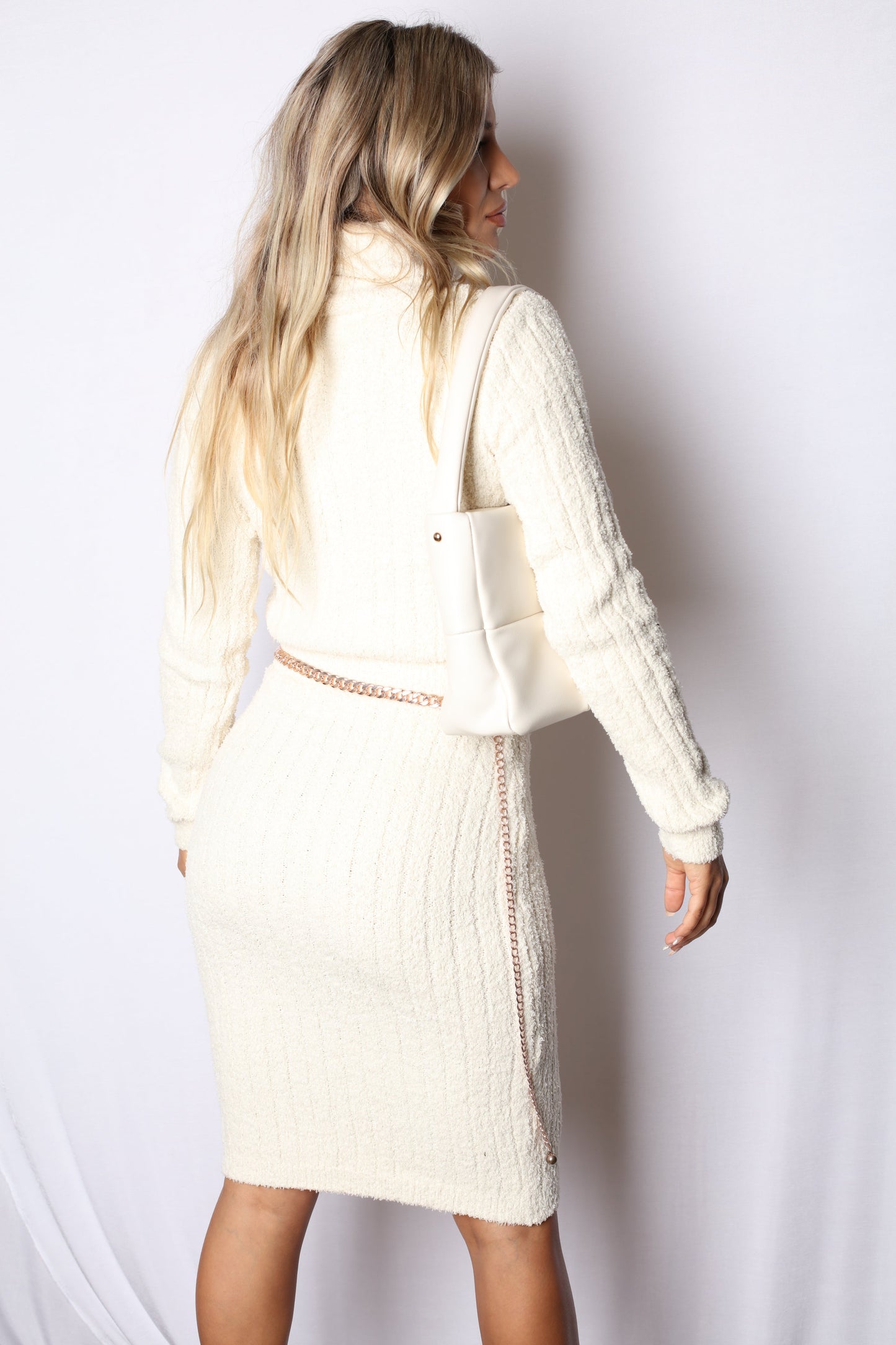 Fuzzy Knit Turtle Neck Midi Skirt Set Cream