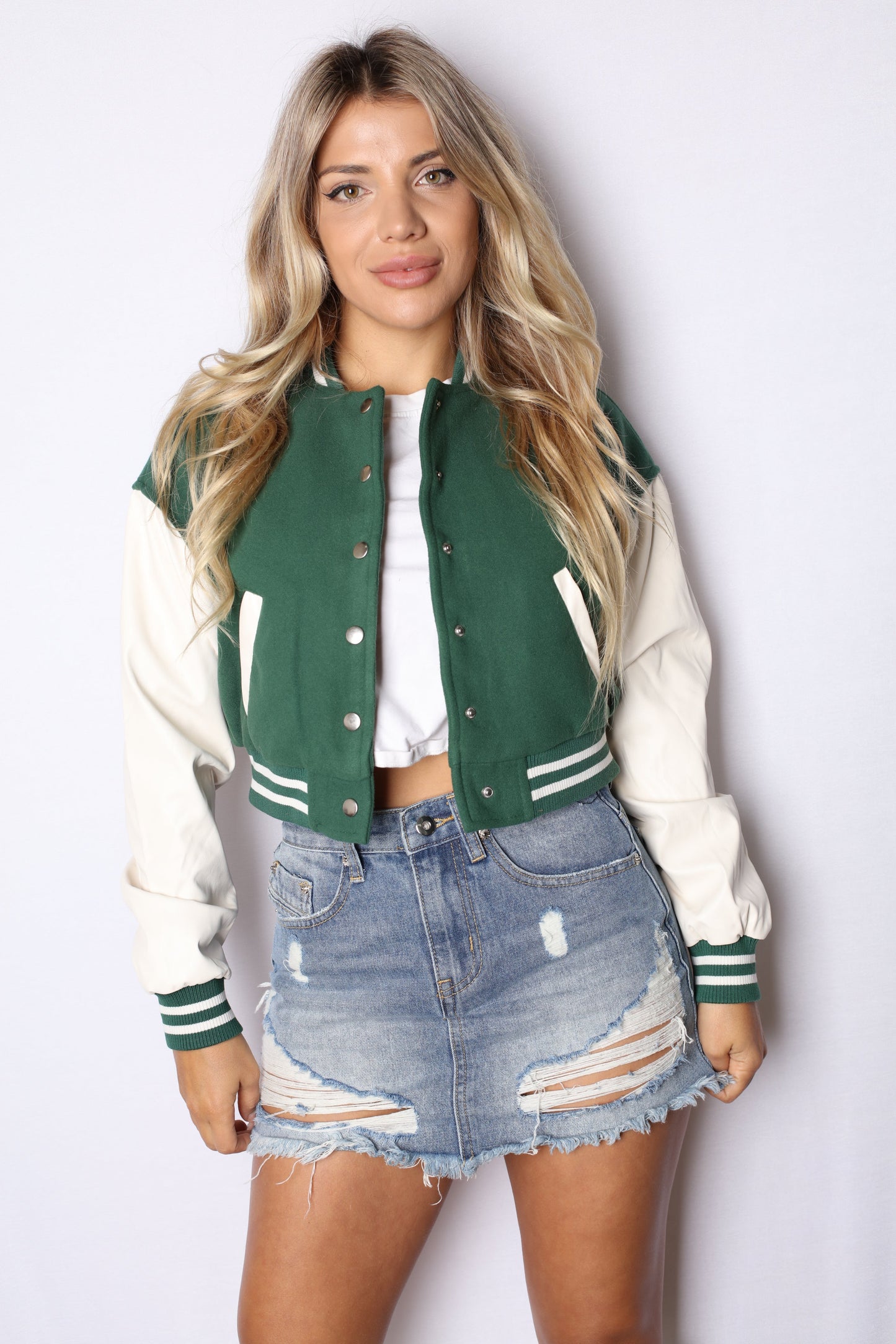 Crop Varsity Jacket Green