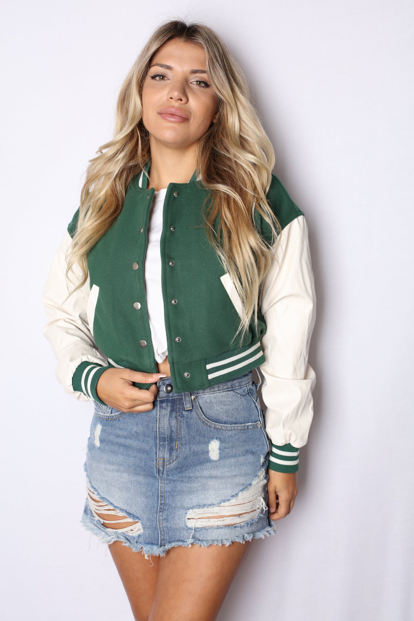 Crop Varsity Jacket Green