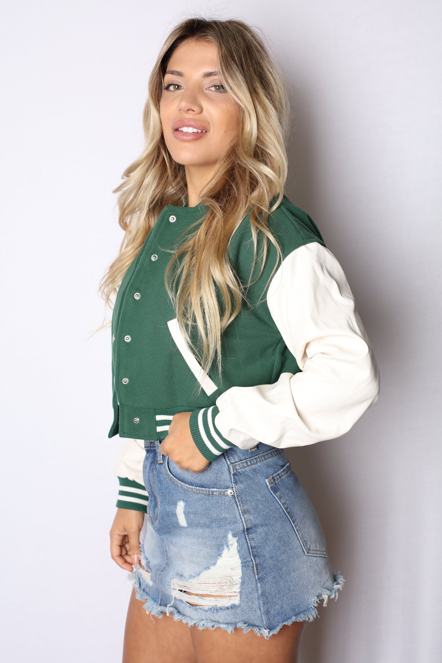 Crop Varsity Jacket Green