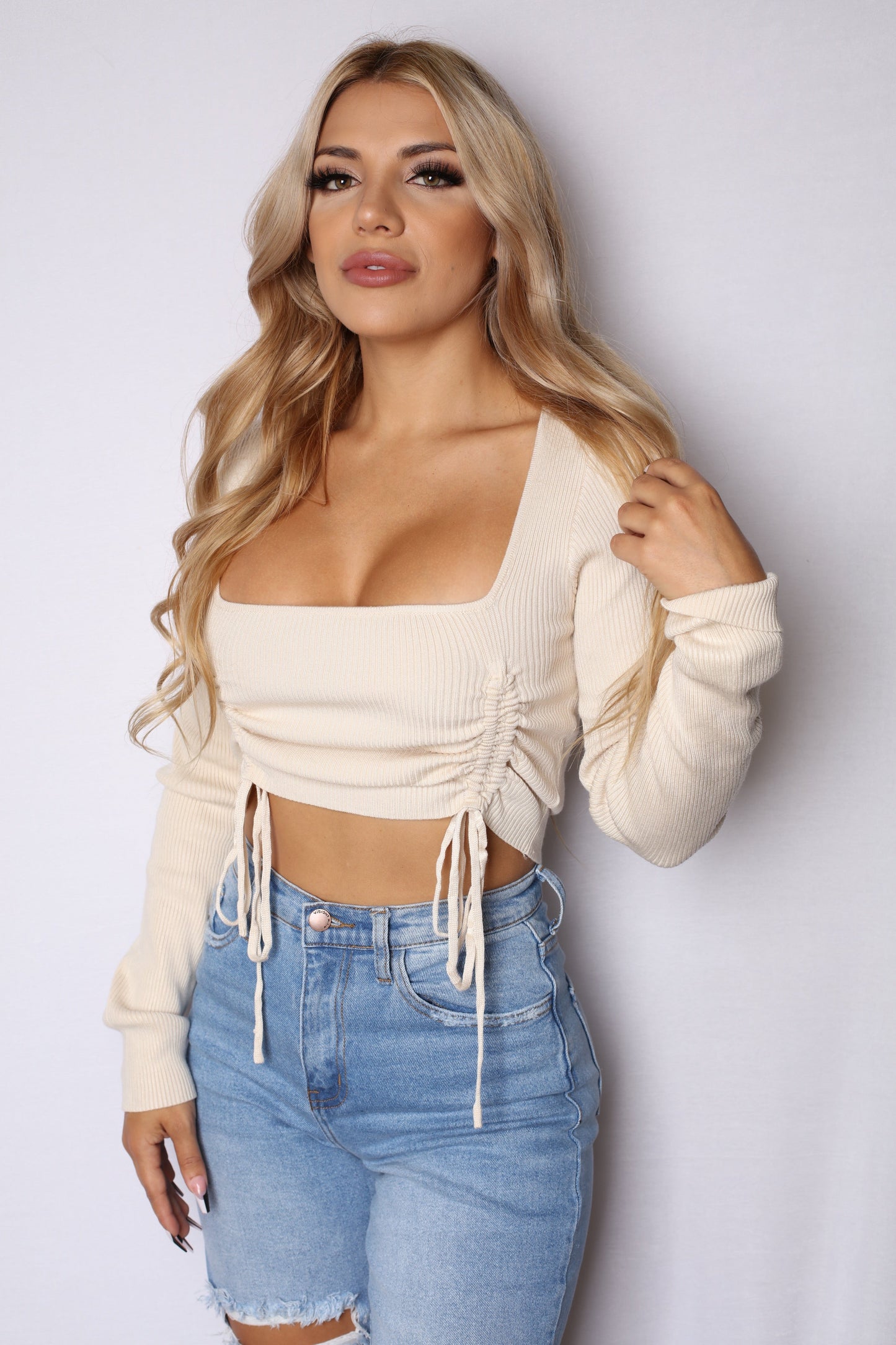 Cream Long Sleeve Double Scrunch Sweater