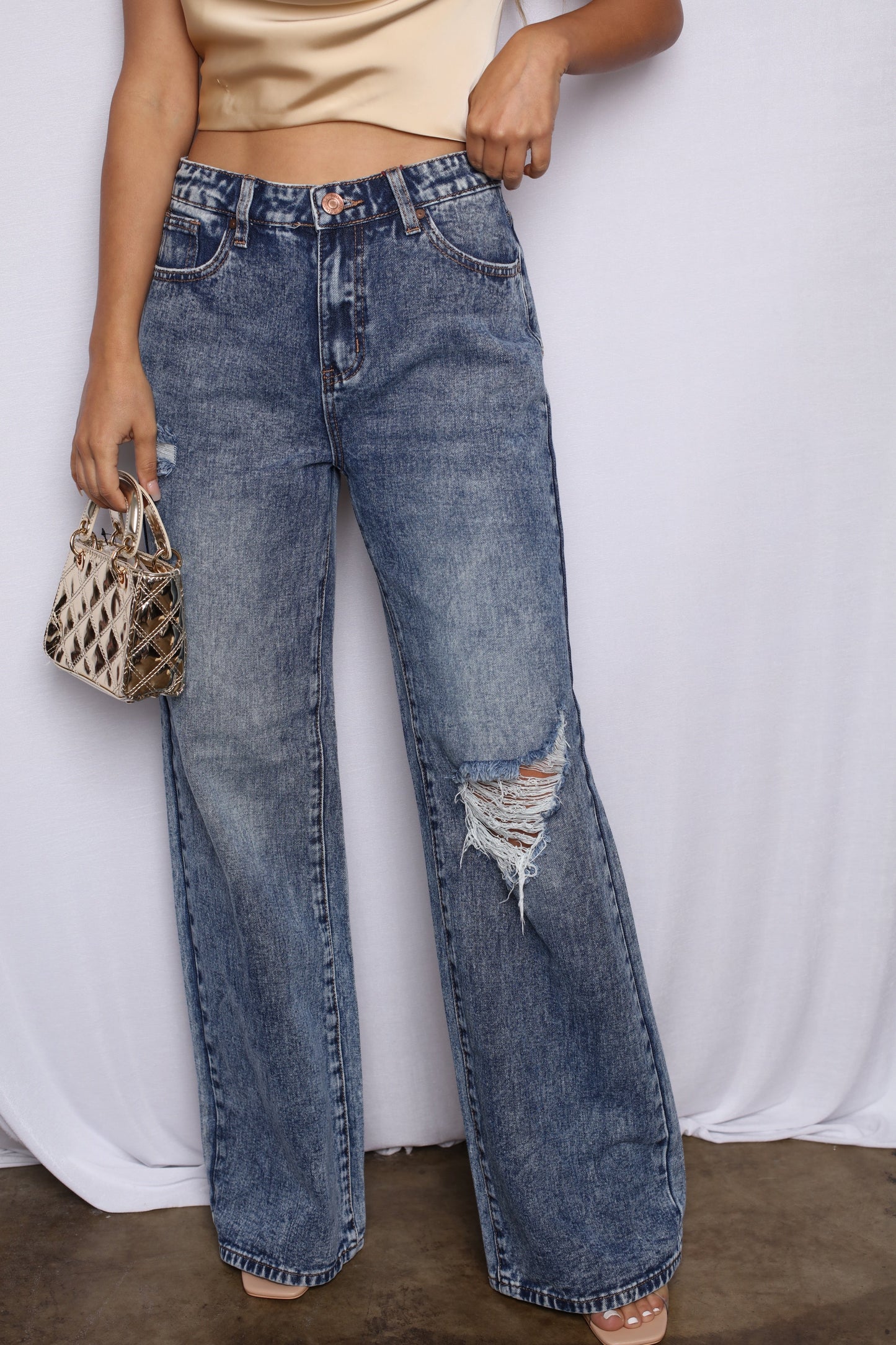 Dark Acid Wash Wide Leg Boyfriend Jeans