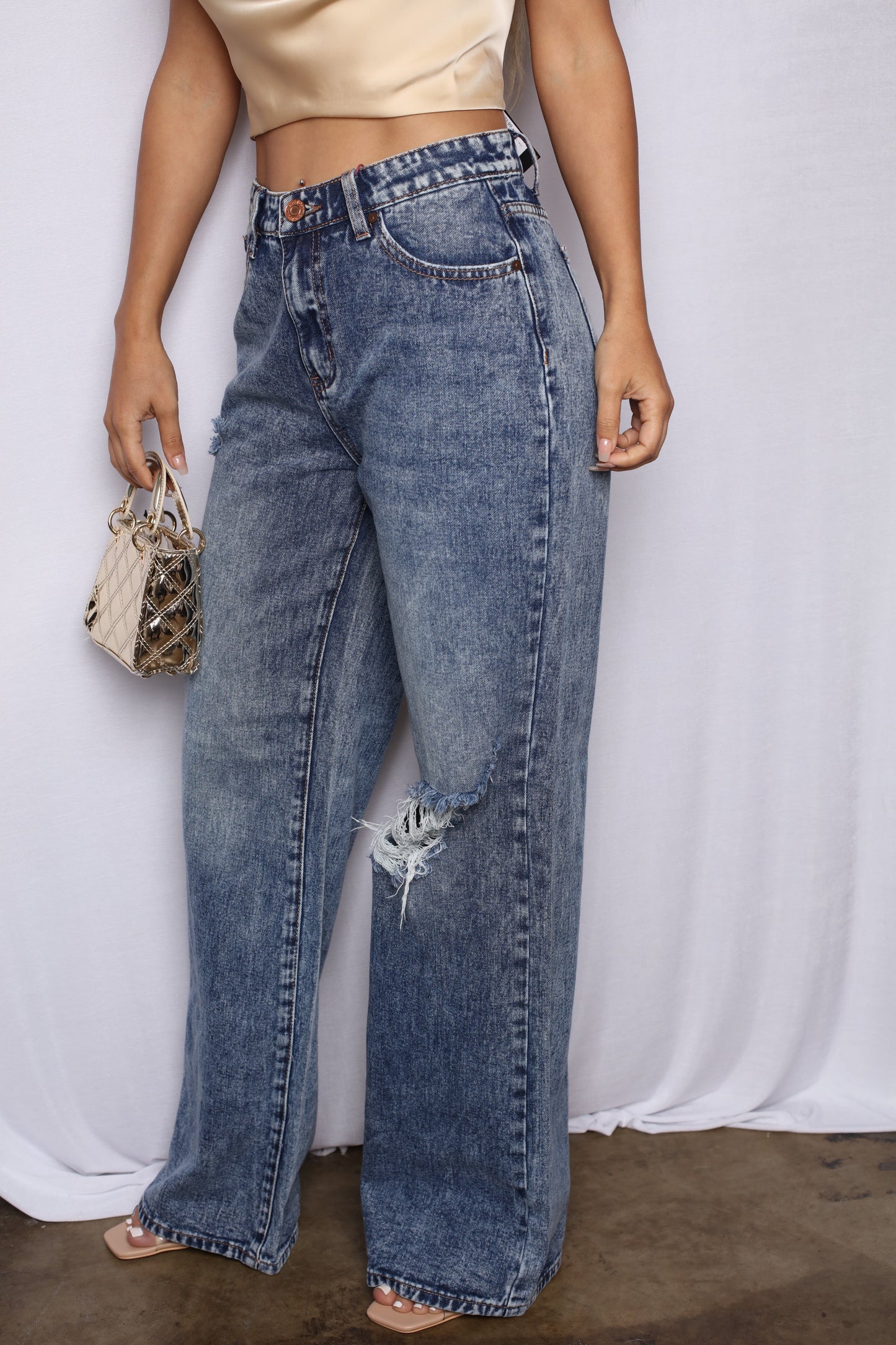 Dark Acid Wash Wide Leg Boyfriend Jeans