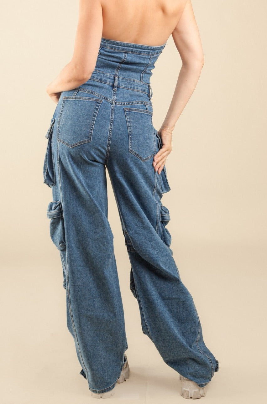 Stretch Cargo Jumpsuit Denim