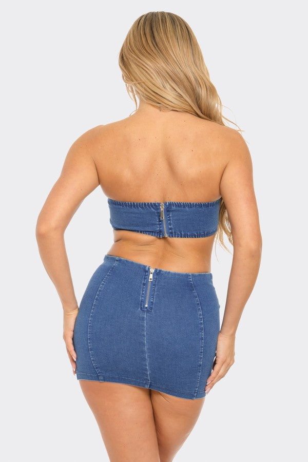 Denim Big Buckle Mini Skirt Set