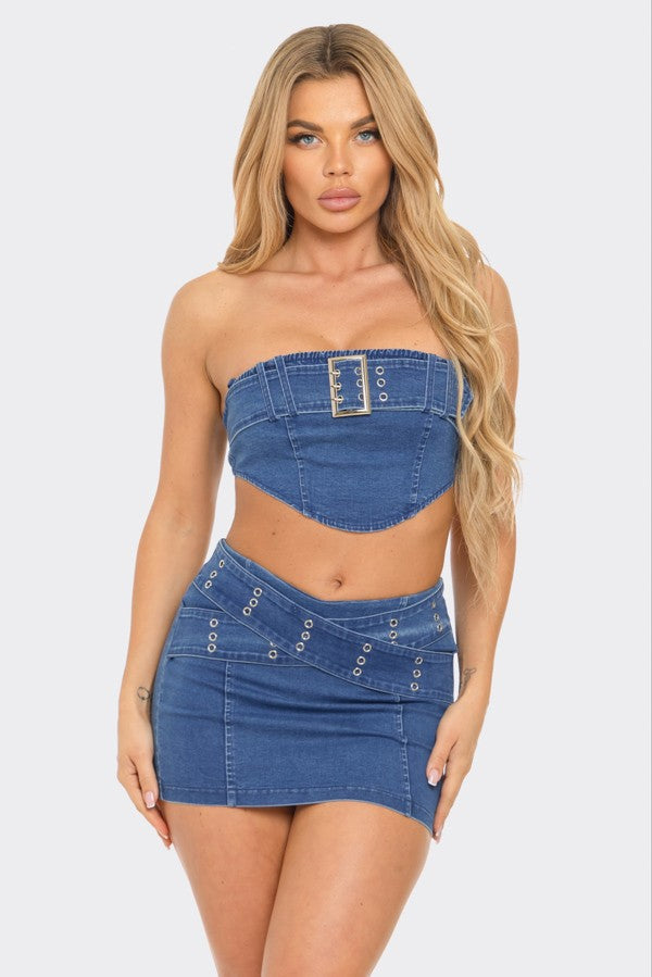 Denim Big Buckle Mini Skirt Set