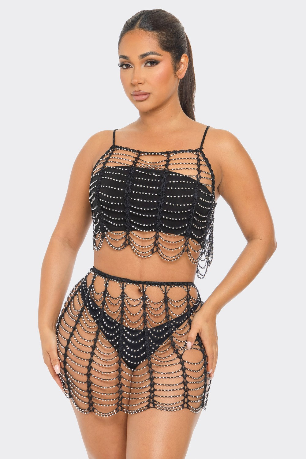 Beaded Net Tank + Skirt Set Black