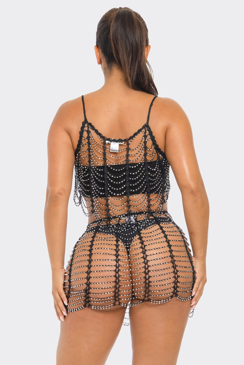 Beaded Net Tank + Skirt Set Black