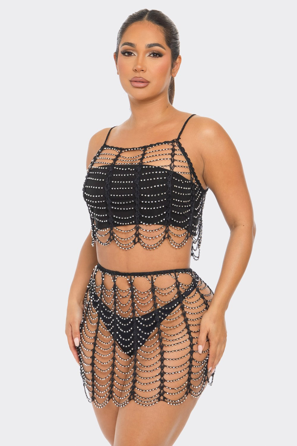 Beaded Net Tank + Skirt Set Black