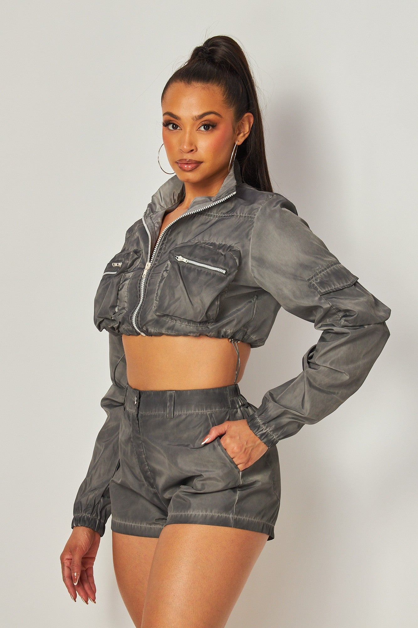 Acid Wash Nylon Zipper Jacket + Shorts Set