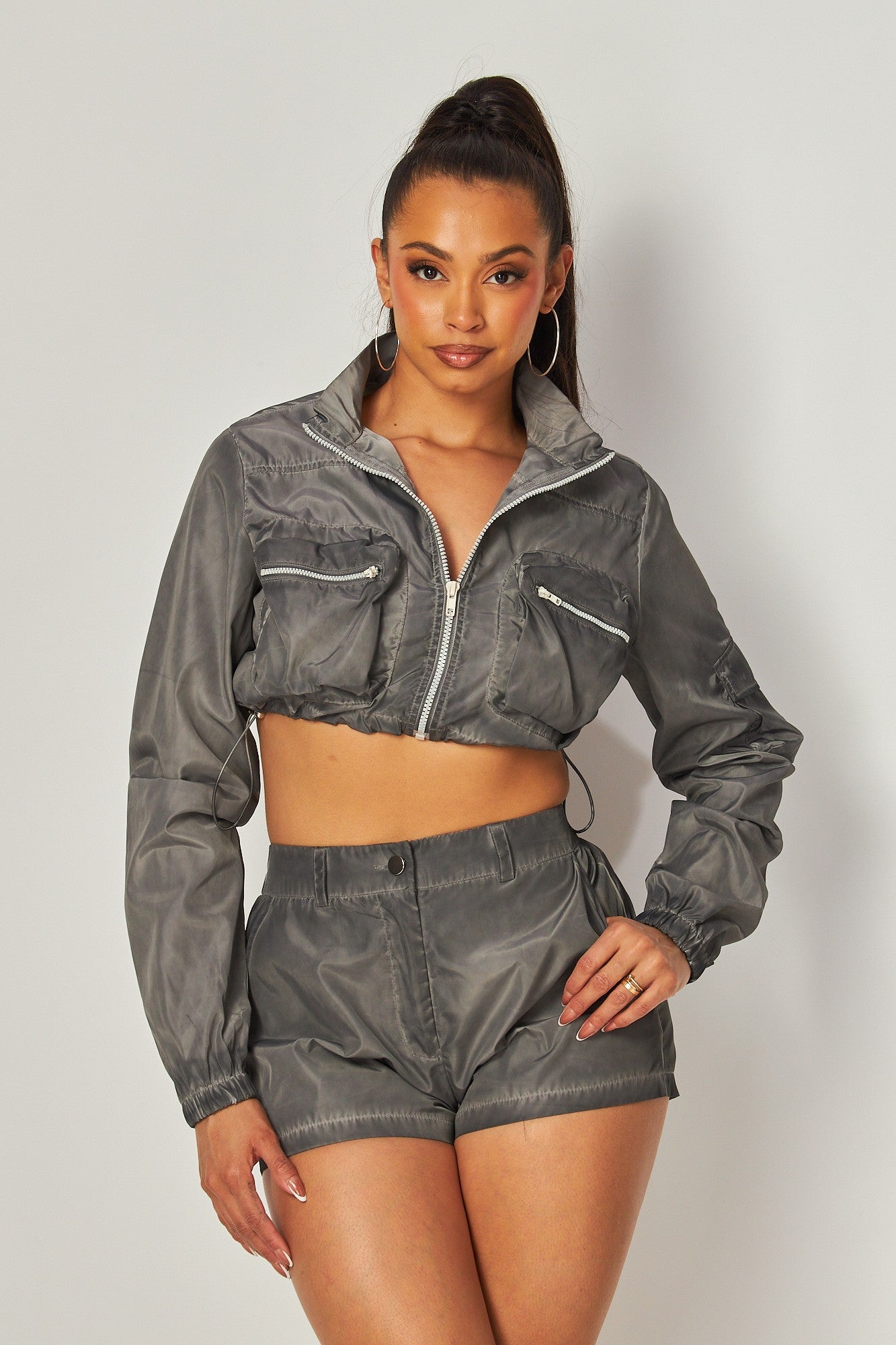 Acid Wash Nylon Zipper Jacket + Shorts Set