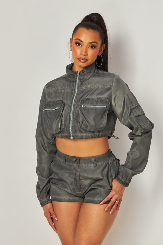 Acid Wash Nylon Zipper Jacket + Shorts Set