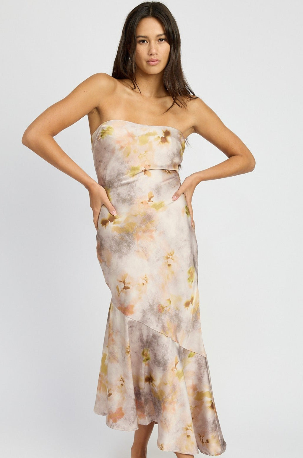 Watercolor Satin Ruffle Tube Maxi Dress