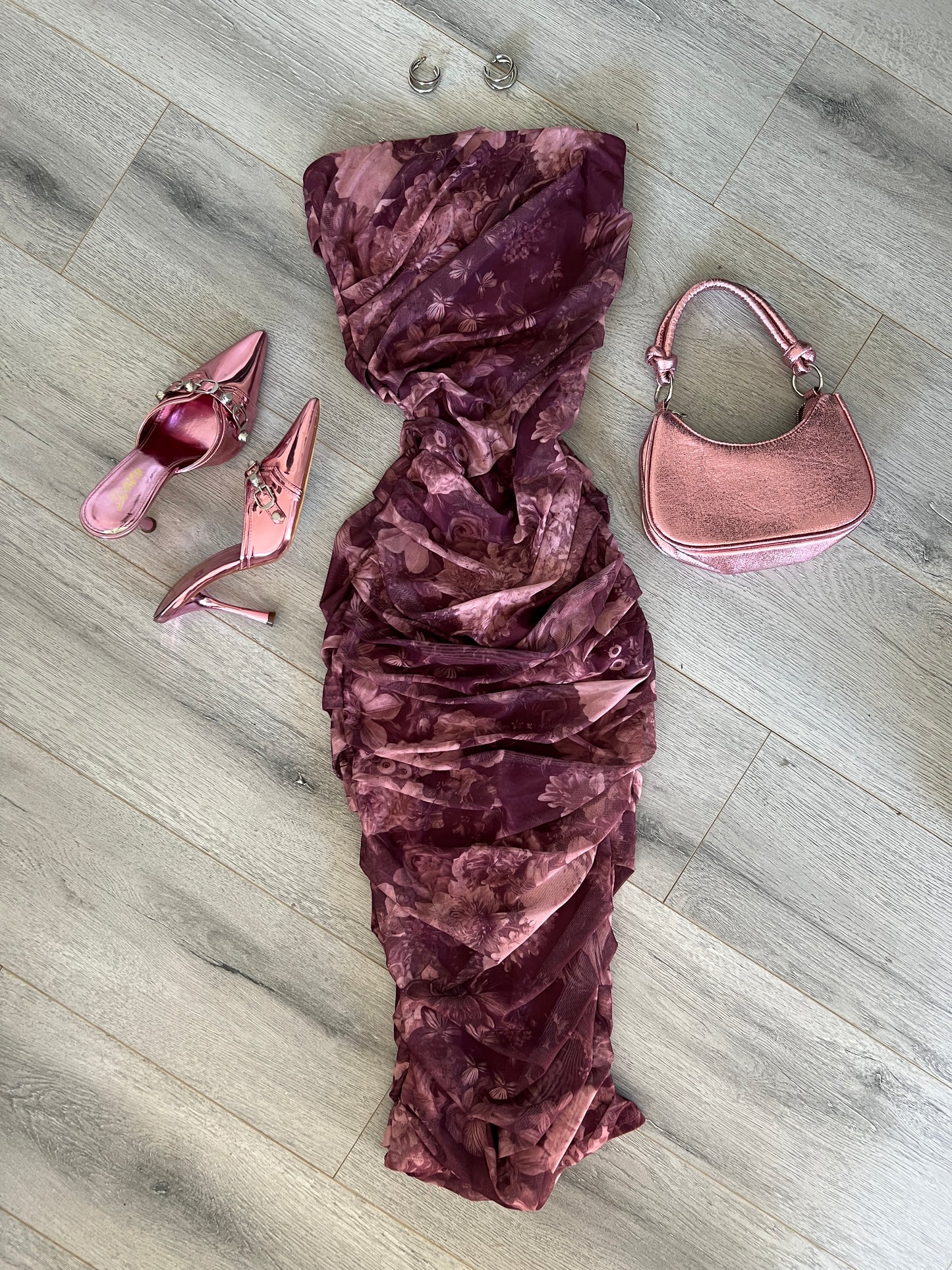 Pink/Purple Floral Ruched Mesh Maxi Dress