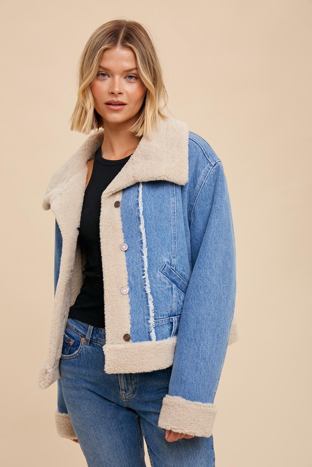 Denim Sherpa Contrast Moto Jacket