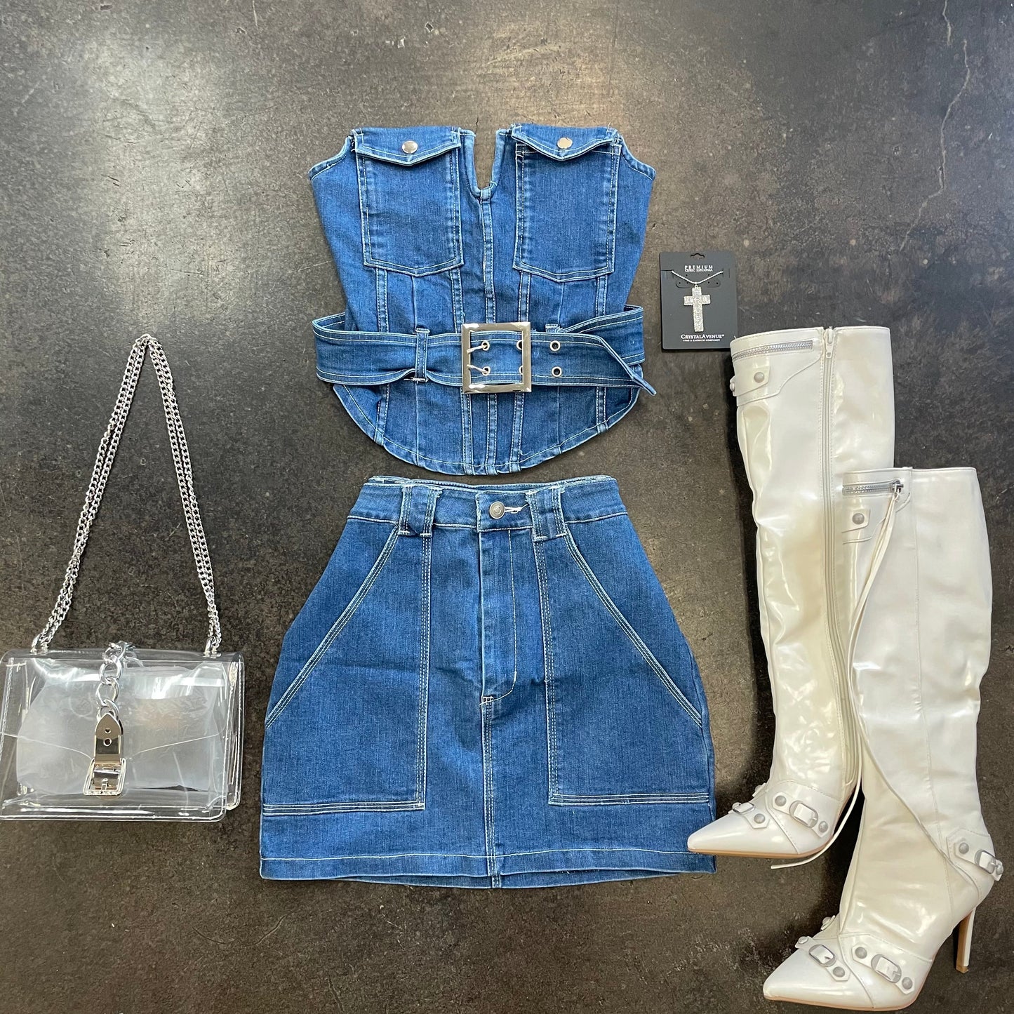 Blue Denim Corset + Cargo Skirt Set