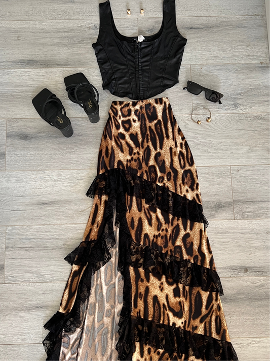 Tiered Lace/Leopard Slit Maxi Skirt