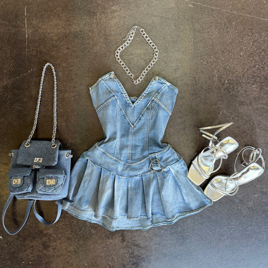 Denim Pleated Mini Dress