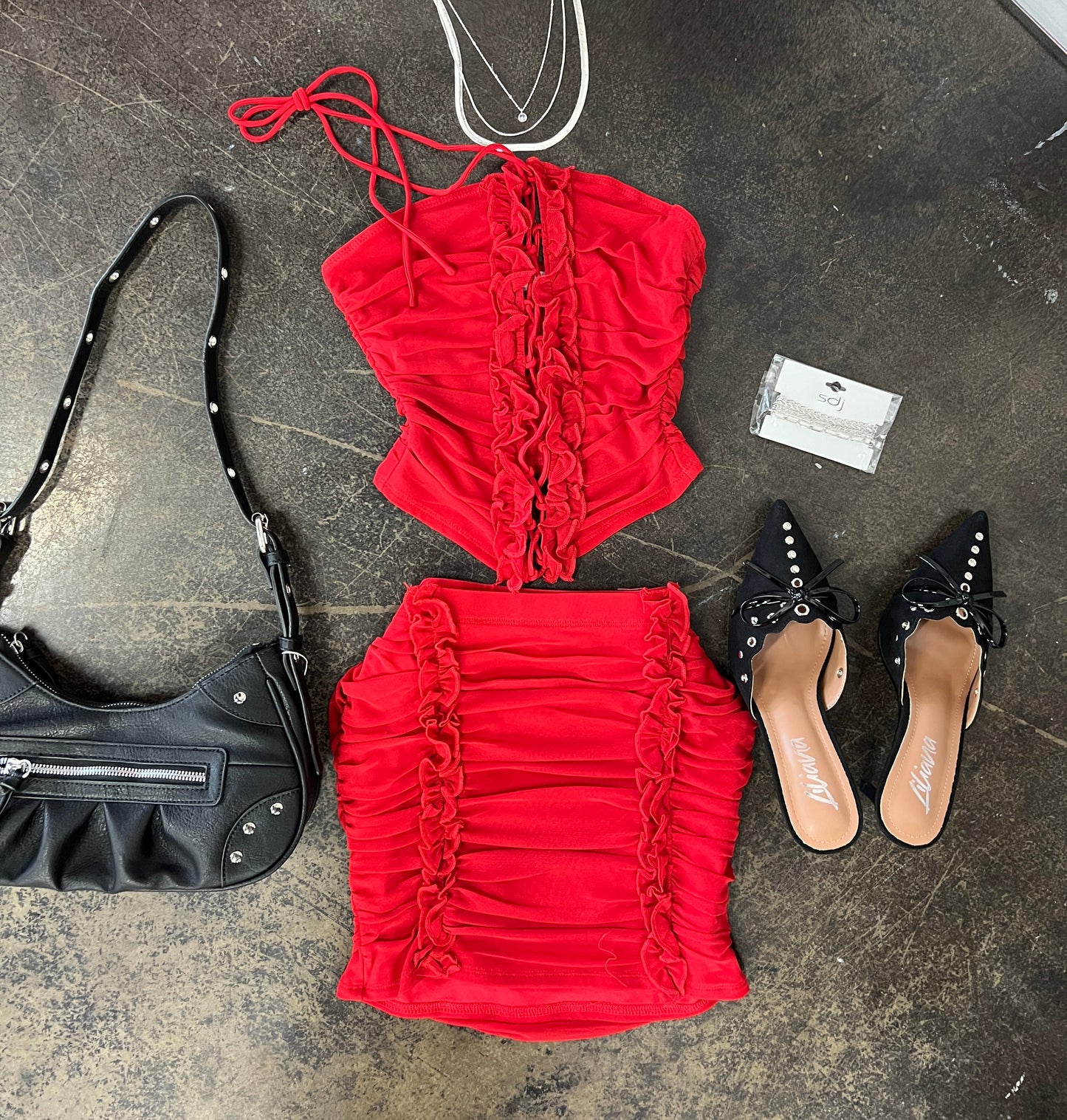 Red Mesh Rushed Top + Skirt Set