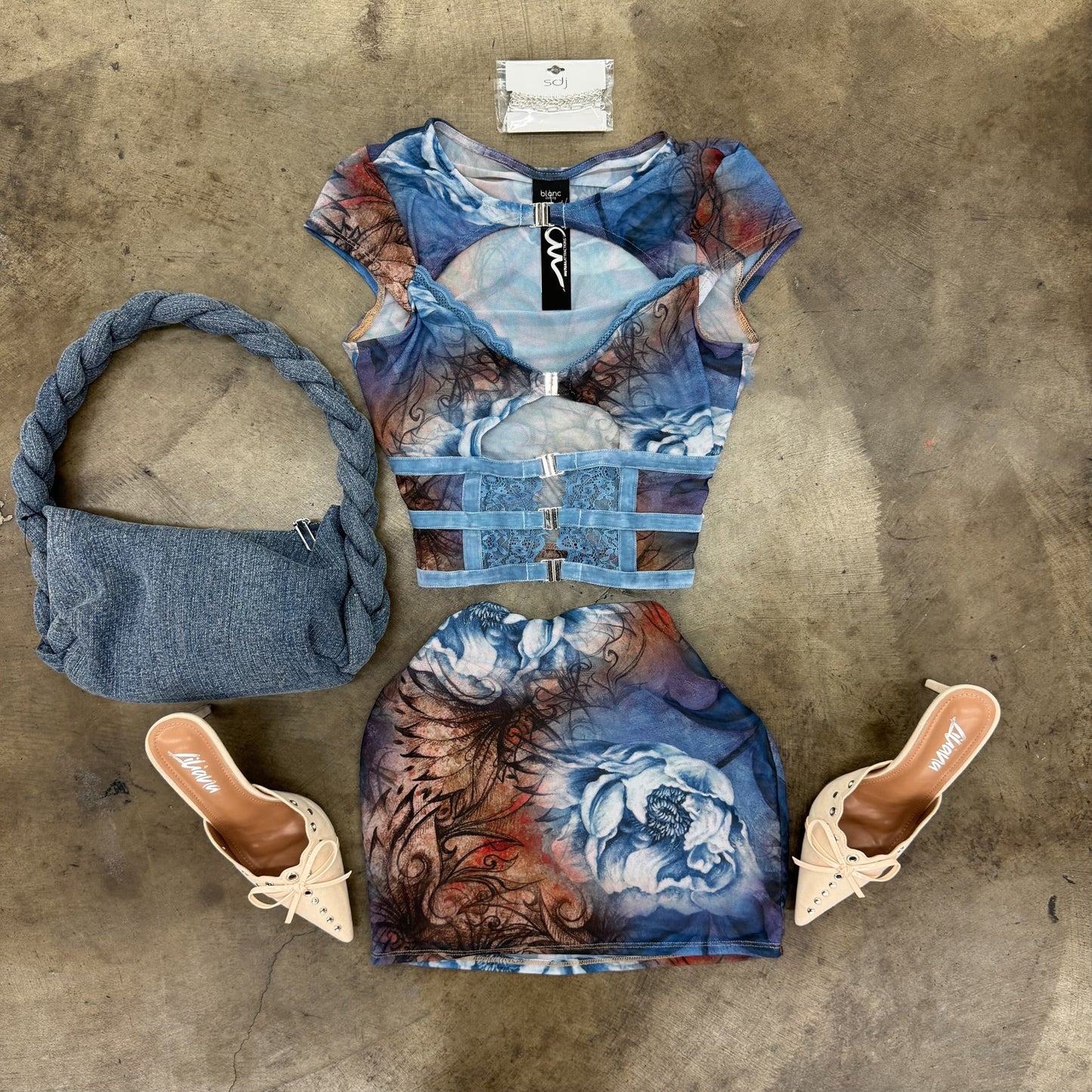 Blue Mesh Printed Cutout Top + Skirt Set