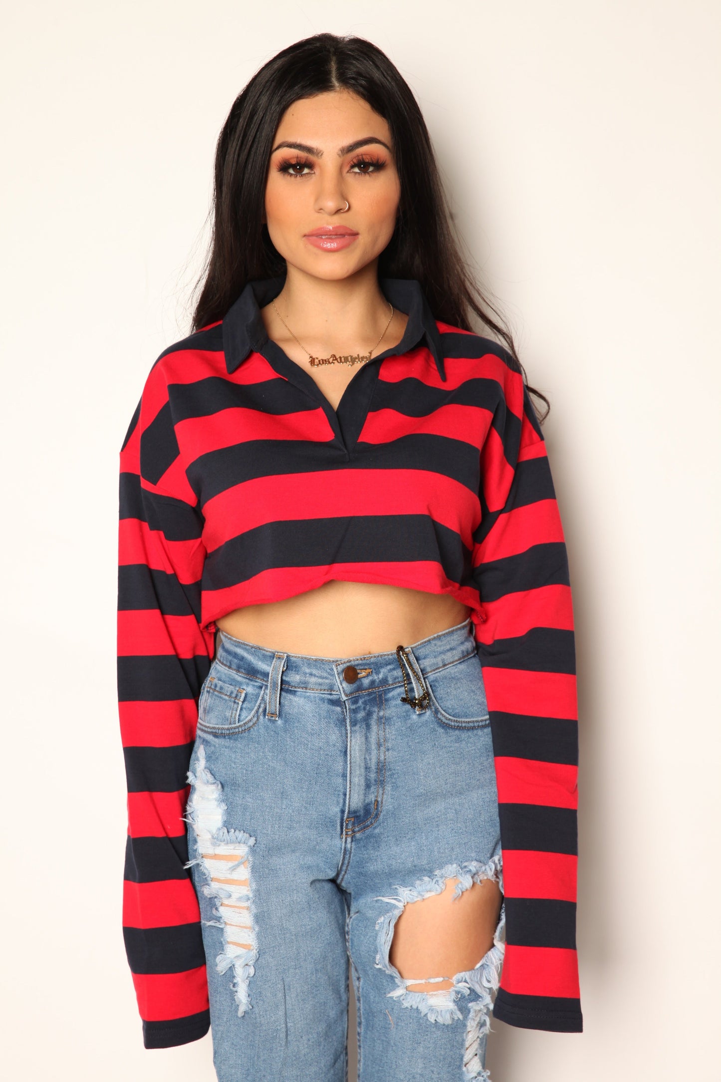 Tommy Stripped Cropped Sweater Red