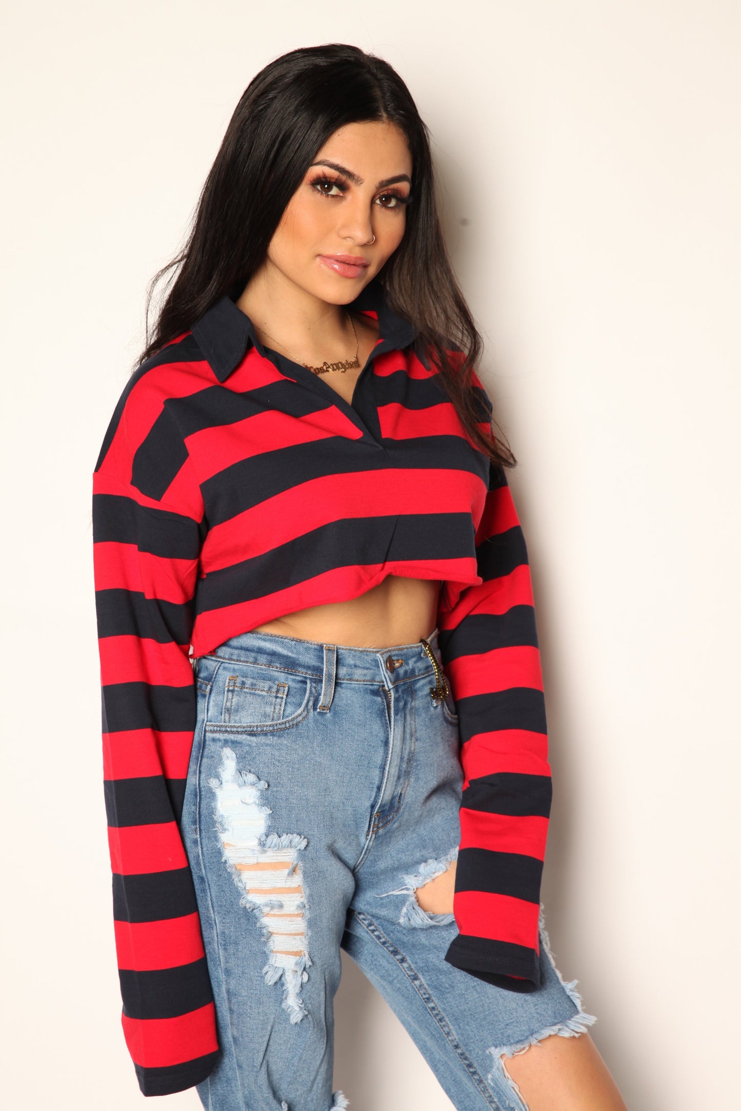 Tommy Stripped Cropped Sweater Red