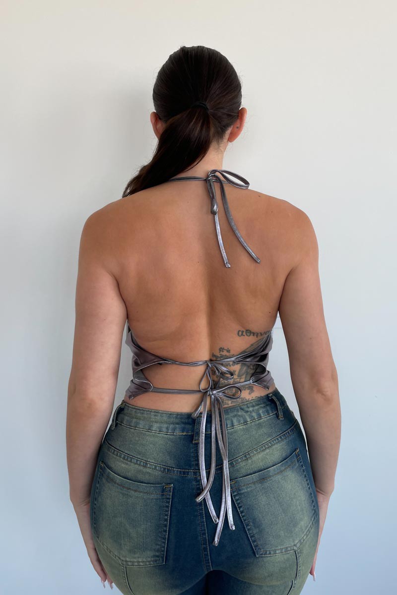 Silver Cowl Neck Halter Top