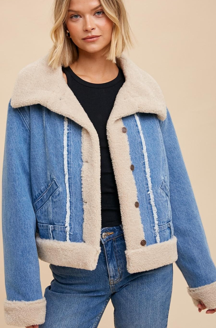 Denim Sherpa Contrast Moto Jacket