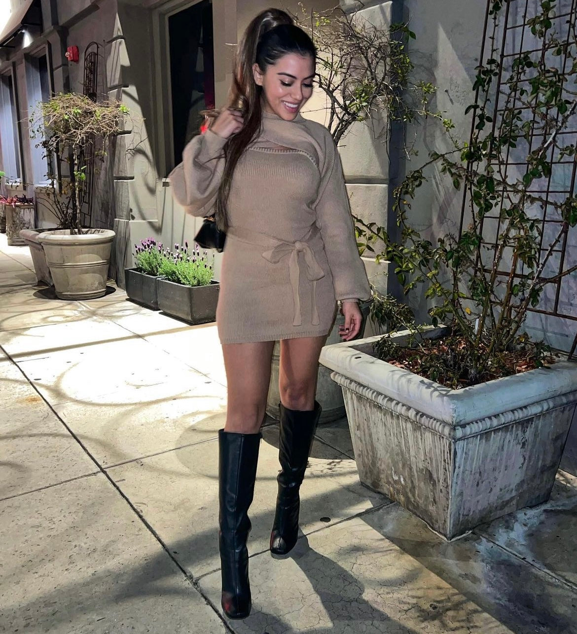 Turtle Neck Sleeved Mini Sweater Dress Mocha