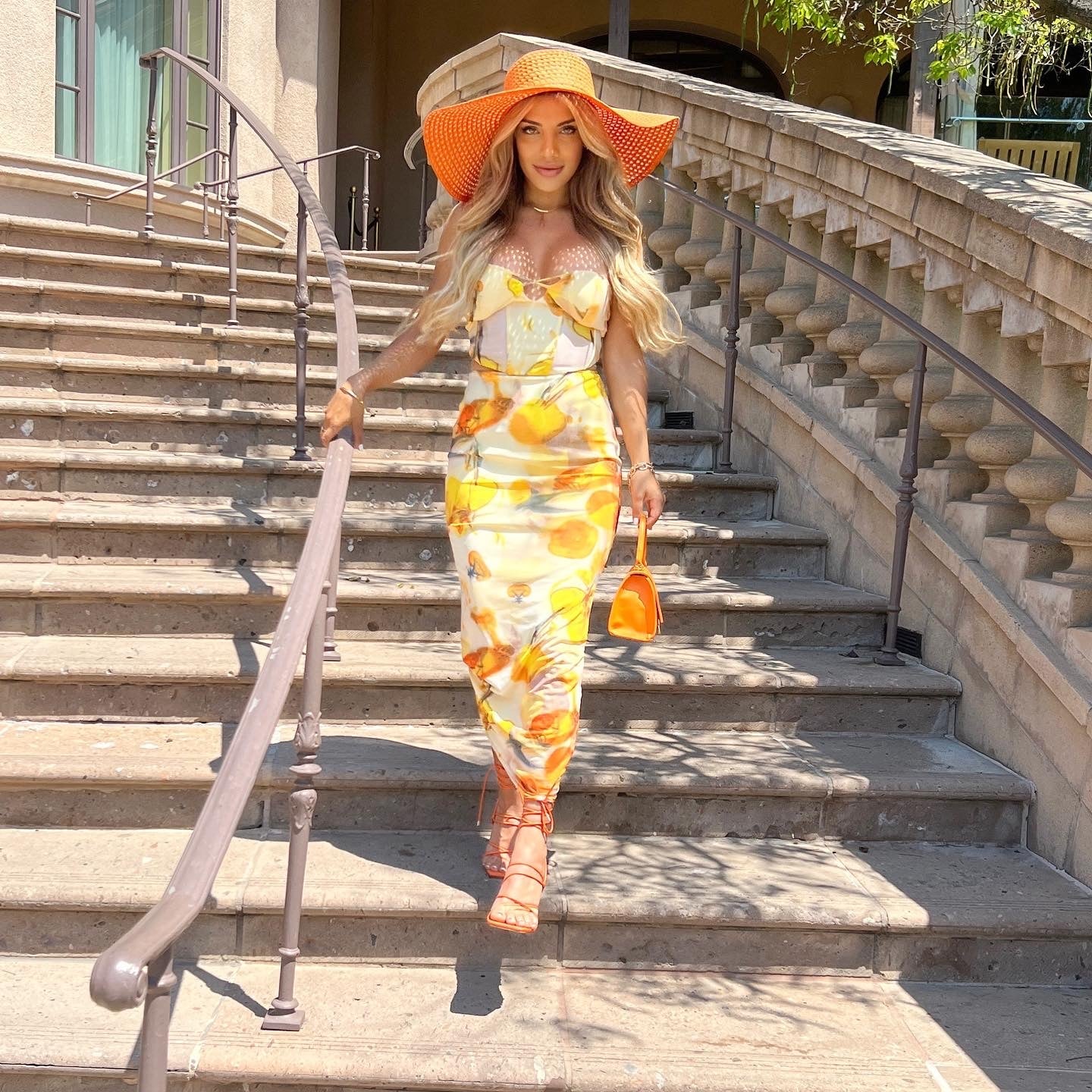 Yellow Printed Mesh Bustier + Maxi Skirt Set