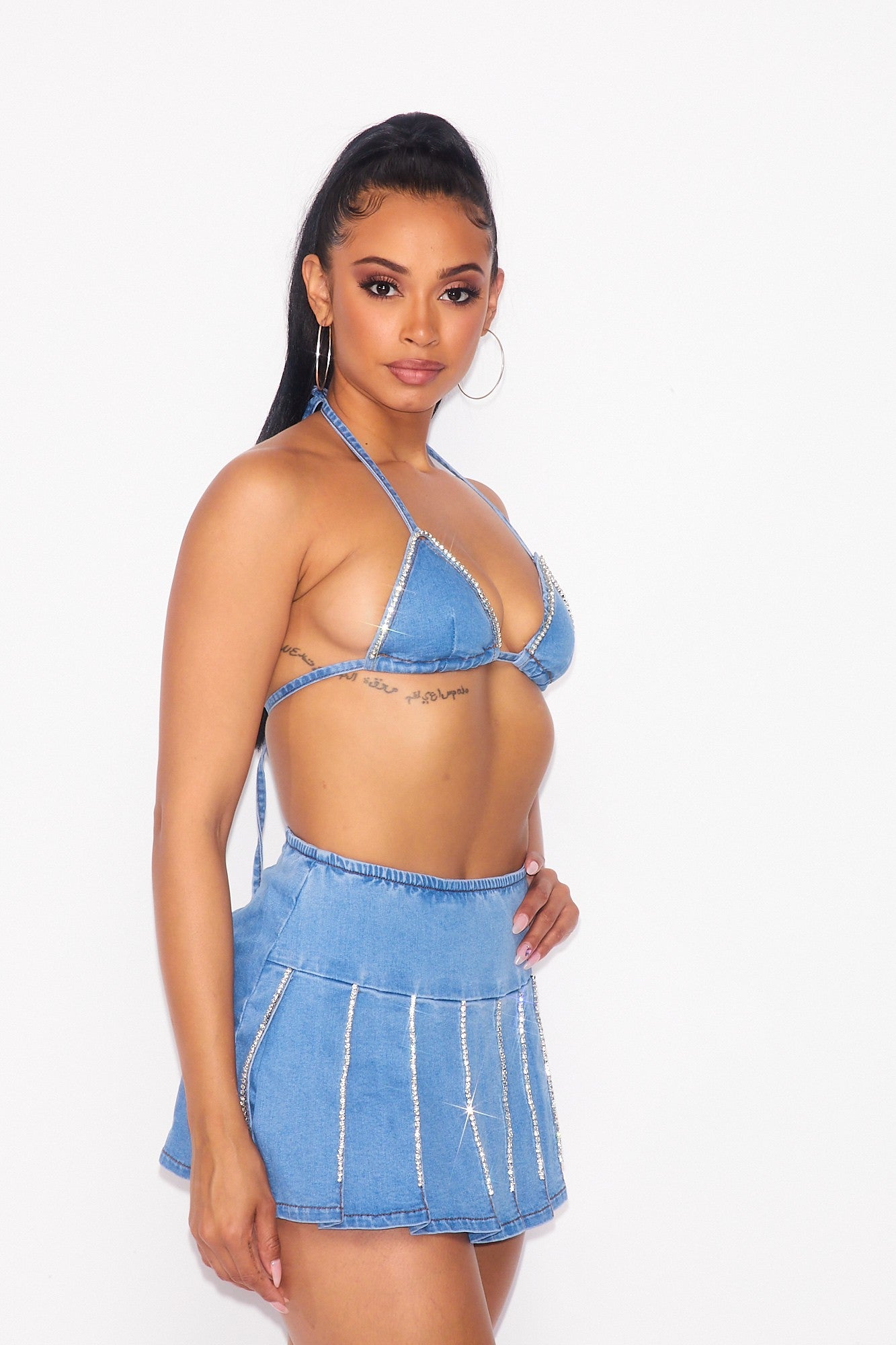 Denim Diamond Pleated Skirt Set