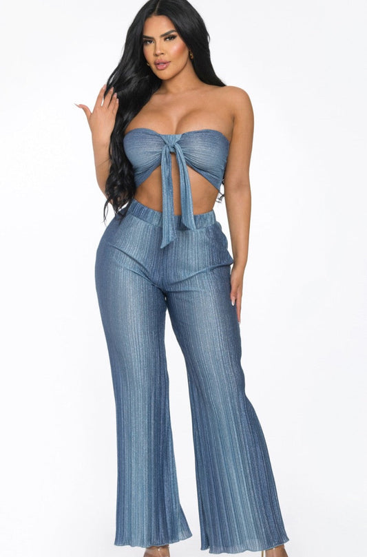 Crinkled Blue Metallic Pant Set