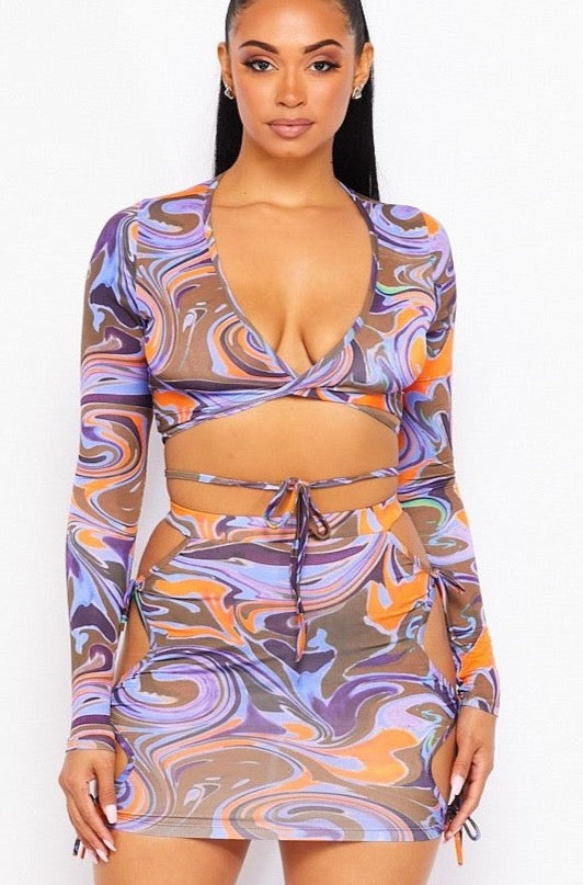 Purple Wavy Cutout Skirt Set